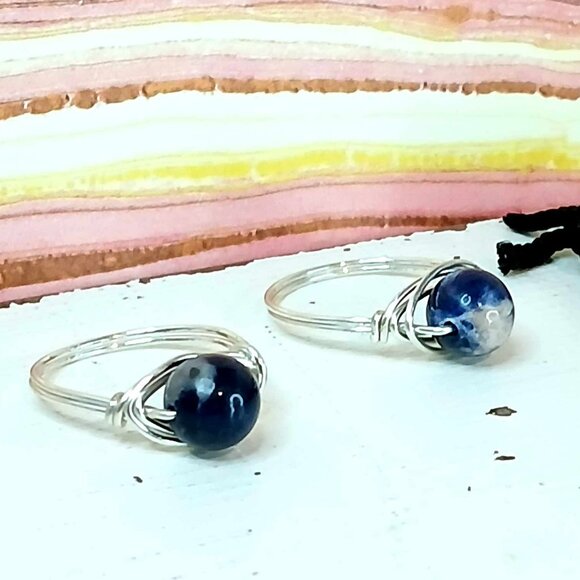 Sodalite Gemstone Beaded Wire Ring, Crystal Dainty Chic Cute Silver - Picture 2 of 3
